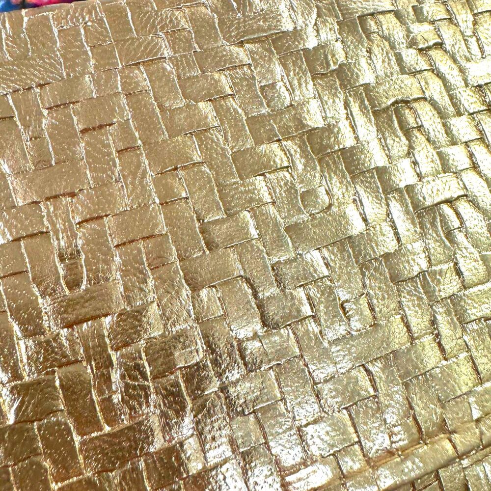 Gold Woven PU Vegan Leather Metallic Lined Convertible Clutch Removable Strap - Picture 10 of 10